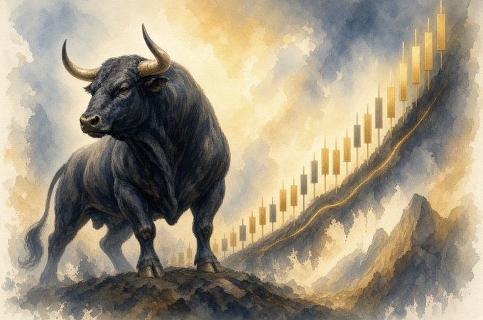 A watercolor-style illustration of a black bull standing on a rocky peak, with a candlestick chart showing an upward trend in the background.