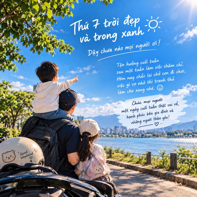 A Vietnamese-language social media post wishing a happy weekend, showing a family on a motorcycle overlooking a coastal city with text 'Thứ 7 trời đẹp và trong xanh' and 'Dãy chưa nào mọi người ơi!'