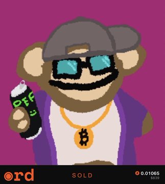 A pixel art NFT character of a bear wearing sunglasses, a purple jacket, a Bitcoin chain, and holding a spray can labeled 'DTF', marked as 'SOLD' on the 'ord' marketplace for 0.01065 BTC.
