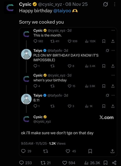 A screenshot of an X (formerly Twitter) thread shows a user named 'Cysic' wishing a happy birthday to 'taiyoo', referencing a previous conversation about avoiding an 'tge' on 8.11.