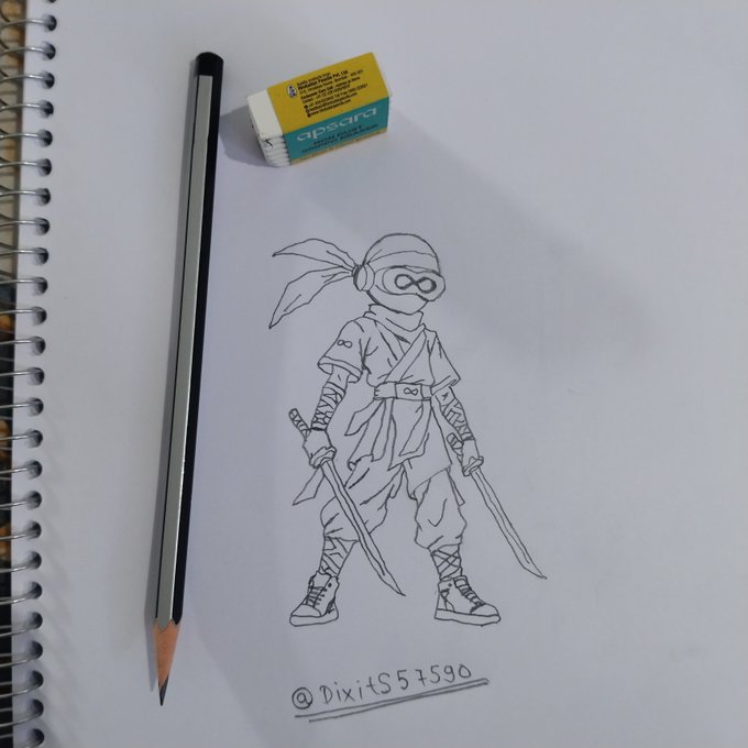 A pencil drawing of a ninja character with two swords on a sketchbook page, signed '@DixitS51590', with a pencil and eraser placed beside it.