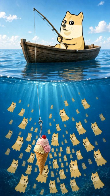 A whimsical illustration of a Doge/Shiba Inu character fishing from a boat, hooking an ice cream cone underwater surrounded by many smaller floating Doge dogs.