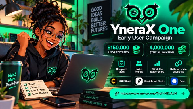 YneraX One Early User Campaign promotional graphic showing a young woman at a laptop, featuring $150,000 USDT rewards and 4,000,000 $YNX allocation across BNB Chain, Robinhood Chain, and Base.