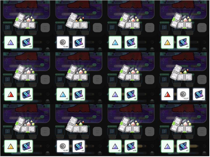 A grid of 12 screenshots from a sci-fi game showing inventory UI with cube-shaped modules, colored triangles (purple, red, blue, yellow), and rewards like coins (+3.68) and blue resources (x2, x7, x9, x10).