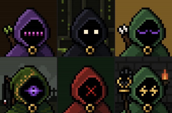 A pixel art illustration displaying six hooded, faceless mage characters in various colors (purple, black, green, olive, red, dark green), each holding different items and featuring unique eye/mouth designs.