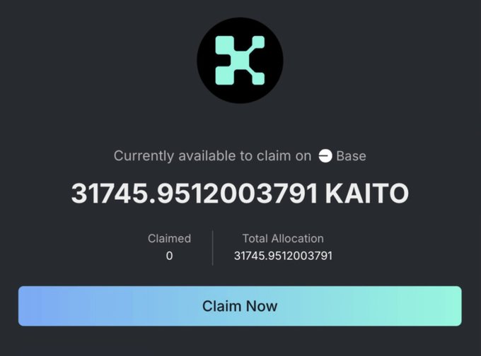 A dark-themed crypto claim interface showing a KAITO token allocation of 31745.9512003791 available to claim on Base, with a 'Claim Now' button.