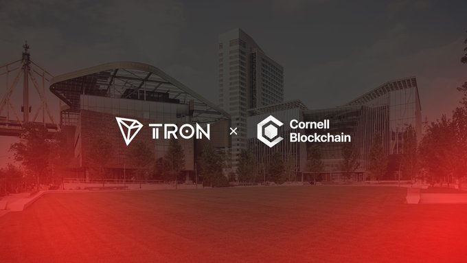A promotional banner with a red overlay showing the TRON and Cornell Blockchain logos against a backdrop of modern glass buildings.