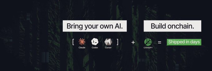 A Canopy promotional graphic reading 'Bring your own AI. Build onchain.' featuring logos for Claude, Codex, Cursor, and Canopy.