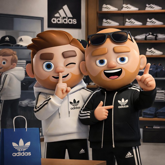 The image features two cartoon characters, a man with a beard wearing sunglasses and another man with a white shirt and black pants, standing next to each other. They are both smiling and pointing at something off-camera. The background of the image shows a store display filled with Adidas shoes, indicating that they might be in an Adidas store or related to an advertisement for Adidas products.

The post on social media is titled "Exciting Week Super pumped for incoming reveals $OFC", which suggests that there are upcoming releases or special offers related to Adidas products. The characters' smiles and the presence of Adidas shoes in the background indicate a connection between the image and the advertised product line.