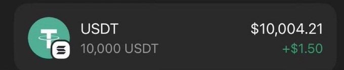 A USDT (Tether) portfolio entry showing 10,000 USDT valued at $10,004.21 with a +$1.50 gain, displayed on a dark background.