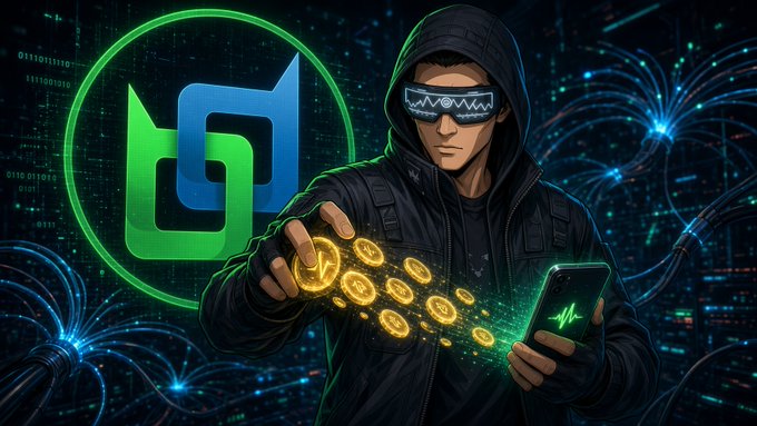An illustration of a hooded figure wearing digital glasses, holding a smartphone, with glowing green coins emerging from the screen against a digital background featuring a green logo.