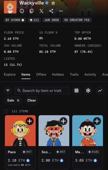 A mobile interface showing details for the 'Wackyville' NFT collection, displaying a floor price of 2.10 ETH, 87 unique owners, and featuring cartoon-style character NFTs like 'Paco' and 'Sco...'.