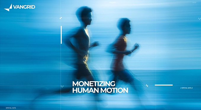 A motion-blurred image of two runners against a blue background with text reading 'VANGRID' and 'MONETIZING HUMAN MOTION'.