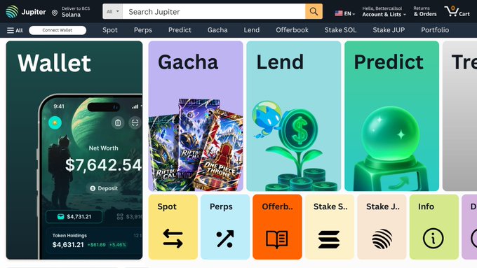 A screenshot of the Jupiter cryptocurrency exchange website showing wallet balance ($7,642.54) and various services like Spot, Perps, Lend, and Predict.