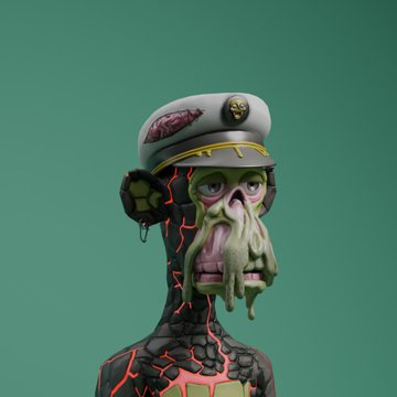 A 3D-rendered stylized zombie-like character with exposed brain and melting green flesh wears a white naval officer's cap, set against a plain teal background.