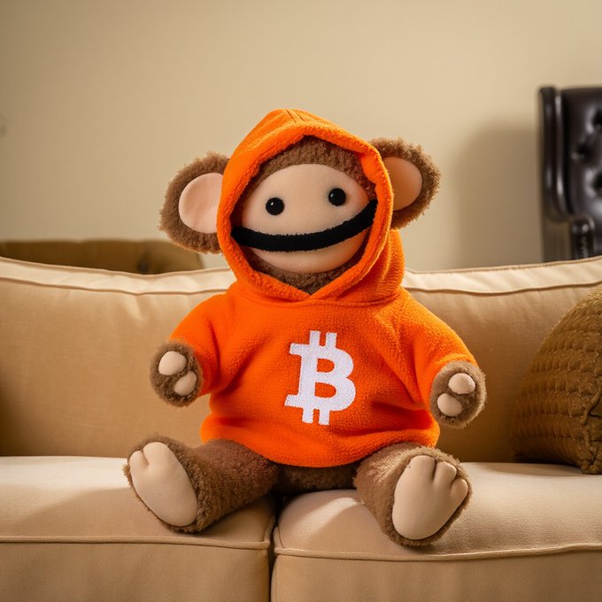 A plush toy wearing an orange hoodie with a Bitcoin '₿' symbol sits on a beige couch.