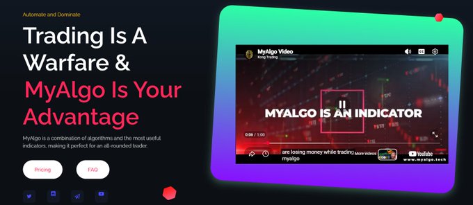 A website hero section with the headline 'Trading Is A Warfare & MyAlgo Is Your Advantage' featuring a purple/green gradient tablet display showing 'MYALGO IS AN INDICATOR' over a candlestick chart background.