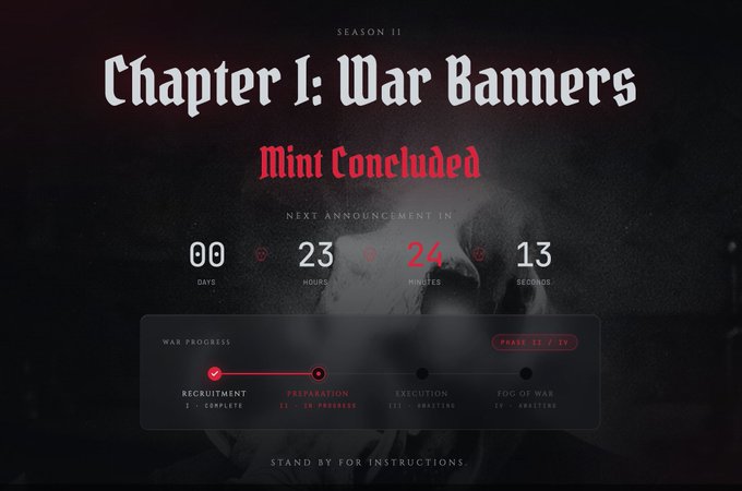 A dark-themed promotional graphic reading 'SEASON II Chapter I: War Banners Mint Concluded' featuring a countdown timer and war progress stages including Recruitment, Preparation, Execution, and Fog of War.