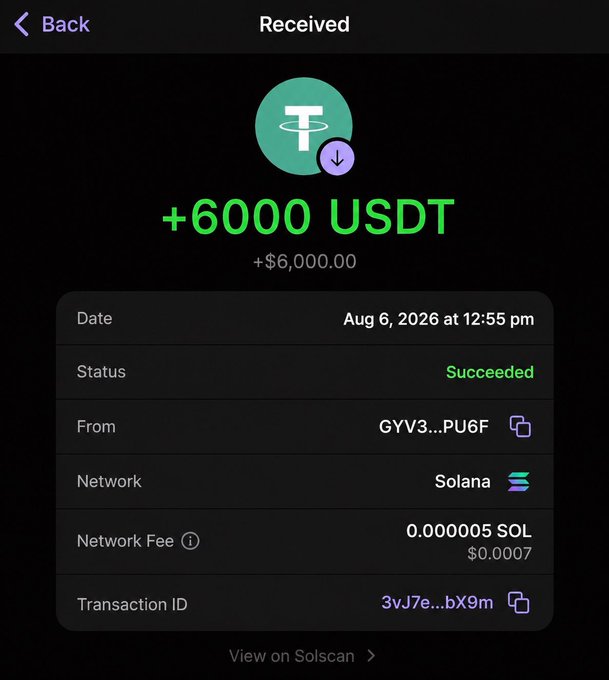 A screenshot of a received USDT transaction for +6000 USDT ($6,000.00) on the Solana network from sender "GYV3...PU6F" dated August 6, 2026, showing the payment was successful. The image serves as proof of a completed web3 gig payment, supporting the post thanking @Thanistarr for the work.
