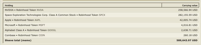 A table displays an investment portfolio showing holdings of Robinhood Token stocks totaling $589,643.97, with the largest positions in NVDA ($258,566.94) and SPCX ($282,155.59), alongside smaller stakes in AAPL, MSFT, GOOGL, and COIN. The image illustrates a "stake, chill, and win" long-term investment approach by showcasing a diversified portfolio of major tech holdings.