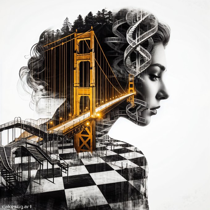 A striking double-exposure digital artwork featuring a woman's profile in grayscale intertwined with the Golden Gate Bridge rendered in golden hues, a DNA helix, and a checkered floor with staircases. The piece, titled "The Golden Ascent," is by artist cakes6gert and was listed on Objkt with a starting bid of 3 xtz and a 30-day open edition.