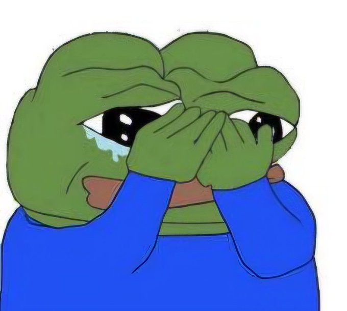 Illustration of a sad Pepe the Frog character crying a single tear, with his hands covering his mouth in an emotional gesture.