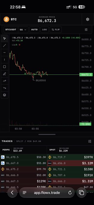 A dark-themed trading interface on FlowX displays Bitcoin (BTC) at $86,672.3, showing a sharp downward spike on the 5-second chart that quickly absorbed back toward the $86,700 level. The order book below reveals heavy bid support stacking up beneath the price, illustrating the strong buying absorption described in the caption against the brief sell-off.