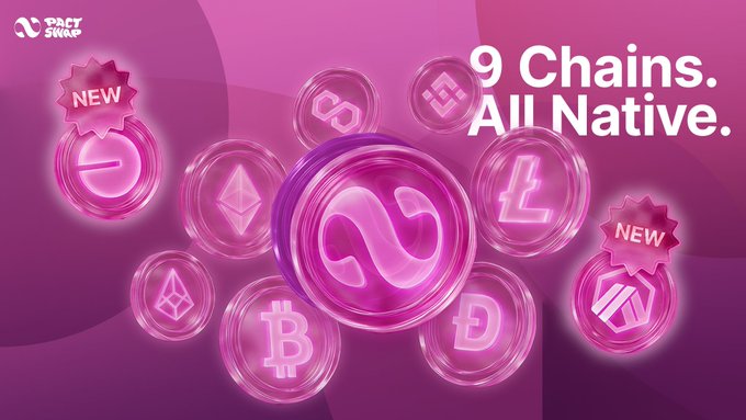 A vibrant pink promotional graphic for PactSwap features floating cryptocurrency coin icons—including BTC, ETH, BNB, Litecoin, Tron, DOGE, POL, and a new "Pact" token—alongside the bold tagline "9 Chains. All Native." with two coins highlighted as "NEW," visually reinforcing the announcement of native swap support across nine blockchain networks.