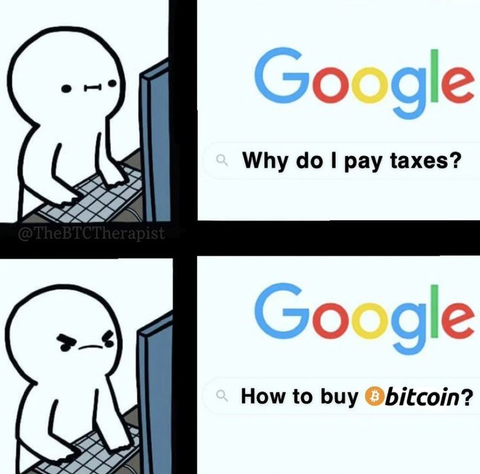 A two-panel comic by @TheBTCTherapist showing a character going from neutral while Googling 'Why do I pay taxes?' to angry while Googling 'How to buy bitcoin?'