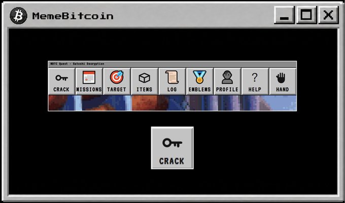 A retro-style 90s computer window interface for 'MemeBitcoin' displaying a 'BTC Quest - Gate66 Decryption' menu with options including CRACK, MISSIONS, TARGET, ITEMS, LOG, EMBLEMS, PROFILE, HELP, and HAND.