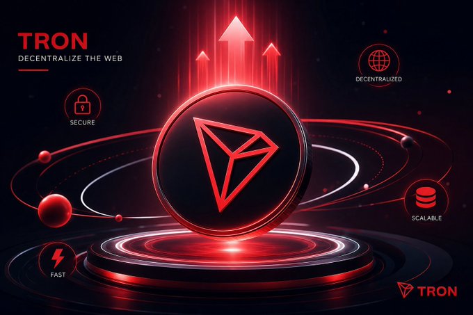 A sleek 3D rendering of the TRON logo, the cryptocurrency network, displayed prominently in red and black, surrounded by feature icons labeled "Secure," "Decentralized," "Scalable," and "Fast," with the tagline "Decentralize the Web."

The image visually reinforces the post's message by highlighting TRON's core strengths—scalability, security, and speed—which are essential for supporting liquid staking solutions like sTRX that allow users to maintain liquidity while earning staking rewards and engaging with DeFi opportunities.