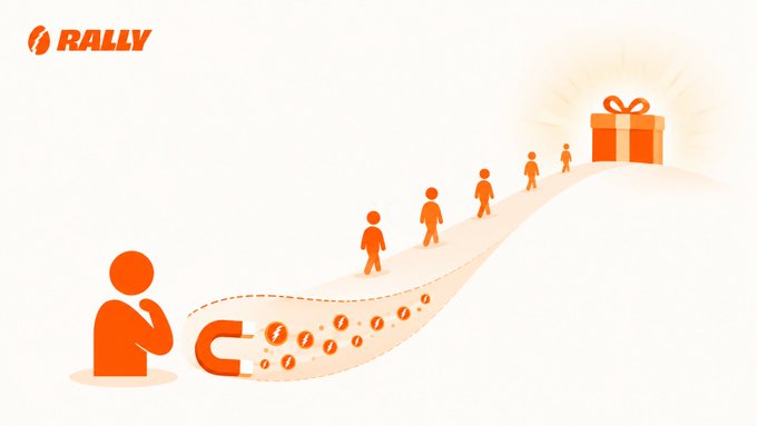 An illustration for 'RALLY' showing orange figures walking up a path of coin tokens toward a glowing gift box, representing a referral rewards system.
