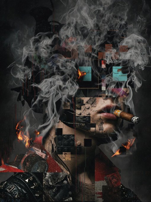A dark, surreal digital collage featuring a fragmented figure smoking a cigar, with smoke billowing upward, pixelated eyes with flames, and abstract mechanical elements set against a black background.