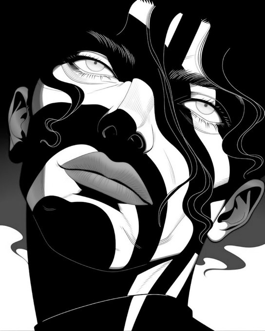 A dramatic black and white stylized illustration of a person's face with intense eyes, dark flowing hair, and heavy shadows and highlights.