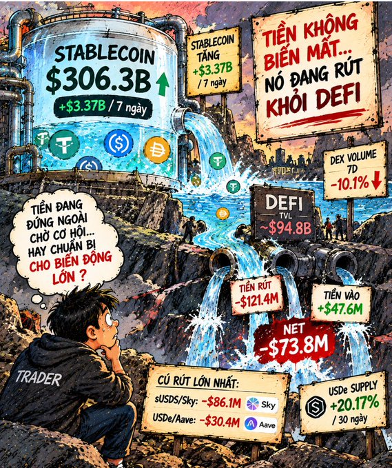 An anime-illustrated graphic about crypto market movements showing 'STABLECOIN $306.3B +$3.37B / 7 ngày', 'DEFI TVL ~$94.8B', and 'DEX VOLUME 7D -10.1%', with a 'TRADER' character watching money pour out of pipes.