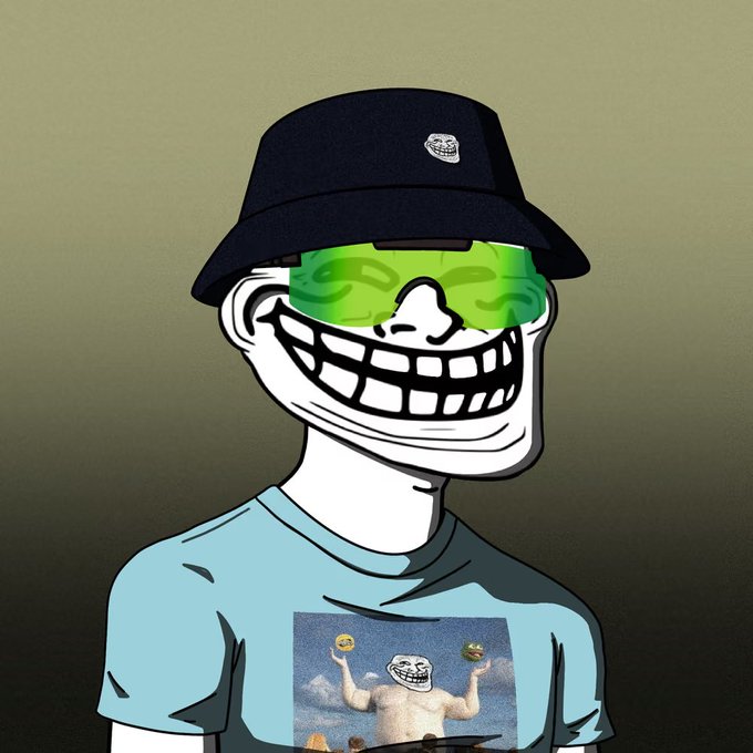 A cartoon illustration of a troll-face character wearing a black bucket hat, green sunglasses, and a t-shirt with a muscular figure holding emojis.