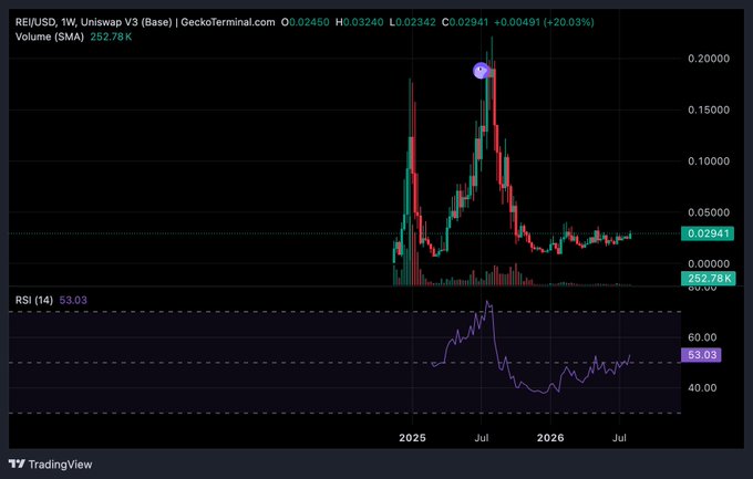 A TradingView weekly chart of REI/USD showing a full cycle pattern: a parabolic spike to ~$0.20 in early 2025, followed by an ~85% drawdown and months of sideways consolidation around $0.02941 with RSI at 53.03 — visually confirming the post's description of a flushed-out cycle, tightening range, and declining volume characteristic of a coiled post-crash setup.