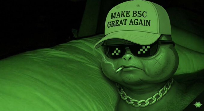A stylized green-tinted image features a bulldog character wearing a 'MAKE BSC GREAT AGAIN' cap, pixelated sunglasses, a gold chain, and a cigarette, lounging on a couch.