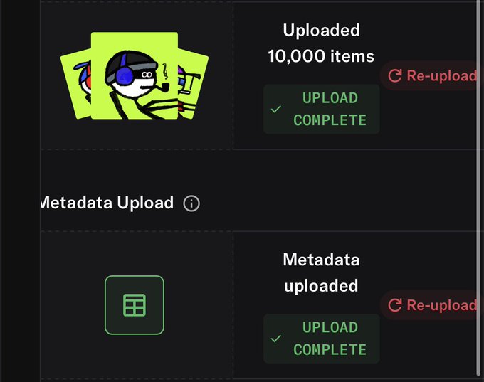The image shows a failed upload process on a platform, with "Uploaded 10,000 items" and "Metadata uploaded" sections indicating issues. The accompanying post expresses frustration with the platform, mentioning repeated upload failures and delays.