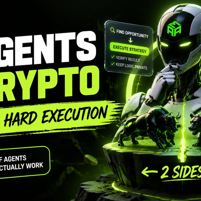 A green and black promotional graphic featuring a futuristic robot with glowing eyes alongside bull and bear statues, displaying partial text "GENTS CRYPTO," "HARD EXECUTION," and a flowchart showing "FIND OPPORTUNITY → EXECUTE STRATEGY → VERIFY RESULT → KEEP LOGIC PRIVATE," with an arrow pointing to "2 SIDES." The image visually illustrates the post's theme of the execution challenges facing AI agents in crypto—highlighting the four-step dilemma of strategy execution, result verification, and logic privacy that makes the "two-sided" nature of agent deployment difficult to solve.