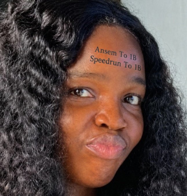 A young woman with long, voluminous dark curly hair looks to the side with a subtle smile, while the words "Ansem To 1B" and "Speedrun To 1B" are digitally placed across her forehead, humorously visualizing the post's joke about a meme coin investor who got a permanent "Ansemb to 1B" tattoo only after buying a $6 bag at the top.