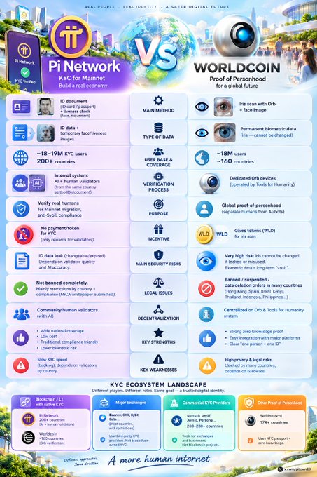 This infographic compares **Pi Network** and **Worldcoin** across categories including main methodology (ID document vs. iris scan with Orb), type of data (temporary vs. permanent biometric), user base (~10–19M in 200+ countries vs. ~18M in ~160 countries), purpose (real-humans for KYC vs. global proof-of-personhood), incentives (no tokens vs. WLD tokens), legal issues (banned in some countries vs. investigations in multiple countries including Hong Kong, Spain, Brazil, Kenya, Thailand, Indonesia, and Philippines), and strengths/weaknesses of each project.

The image directly supports the post's argument by visually highlighting Worldcoin's extensive legal troubles stemming from its permanent biometric data collection, in contrast to Pi Network's compliance-driven, non-biometric approach using KYC verification and human validators.