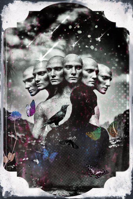 A surreal collage artwork framed like a vintage mirror depicts a central figure with multiple heads and faces, surrounded by colorful butterflies, a black bird, dark floral patterns, and a starry cosmic background.