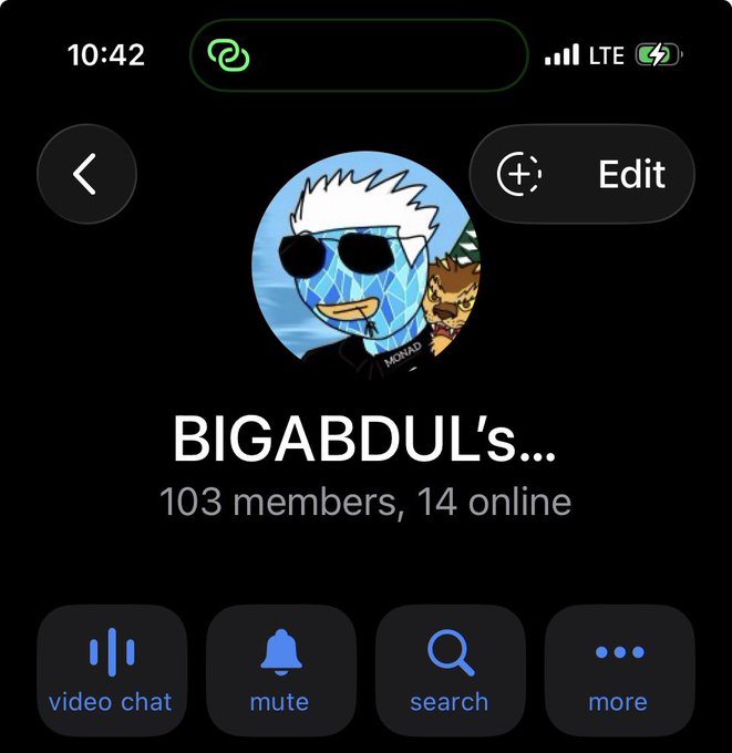 A mobile screenshot of the "BIGABDUL's..." Telegram group profile page, showing 103 members with 14 online, featuring a cartoon avatar of a character with sunglasses. The image highlights a community's Telegram members, relevant to the post about seeking whitelist (WL) spots for the group's members.