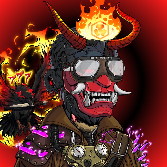 The image features a character with a red mask, goggles, and a helmet, wearing a brown jacket and holding a sword. The character appears to be a robot or a monster from another world. The character's face has a large horn on its head that is connected to a fire-like object in the background. This fire-like object is emitting sparks, adding an element of danger to the scene. The image also includes text that reads "this NFT sold !!! then it got UPGRADED ... @Cr00tsNFT @CAW777onX".