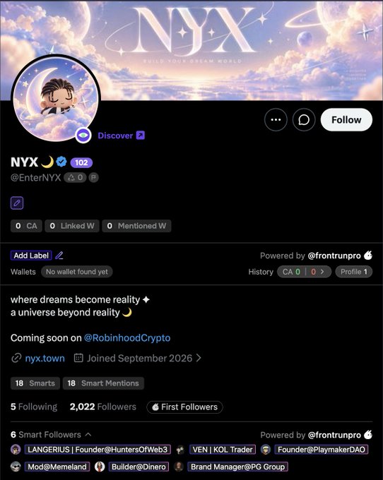 A Twitter/X profile for 'NYX' (@EnterNYX) with the tagline 'where dreams become reality, a universe beyond reality' and 'Coming soon on @RobinhoodCrypto', showing 2,022 followers and a 'nyx.town' link.