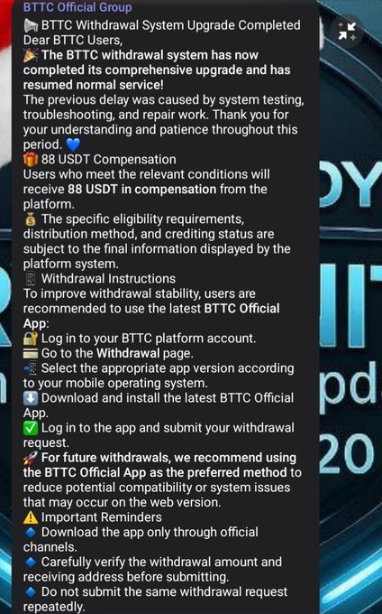 A screenshot of a BTTC Official Group message announcing 'BTTC Withdrawal System Upgrade Completed', offering 88 USDT compensation and providing withdrawal instructions.