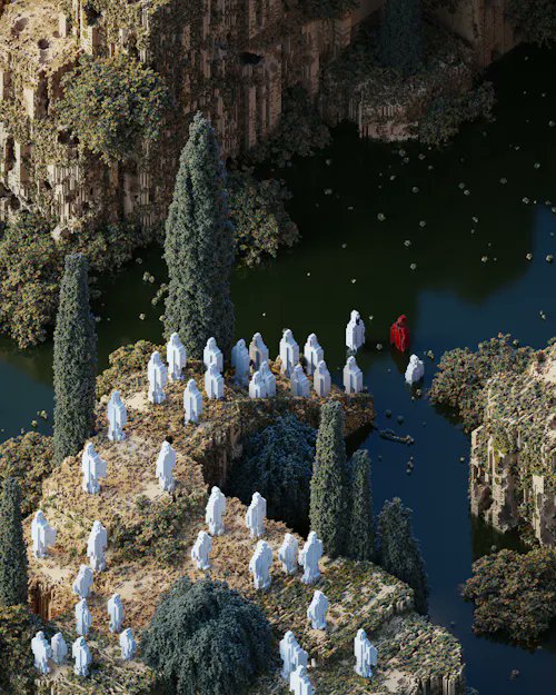 An aerial view shows a group of hooded white-cloaked figures gathered on a rocky island with cypress trees, with one figure in a red cloak standing apart by the water.
