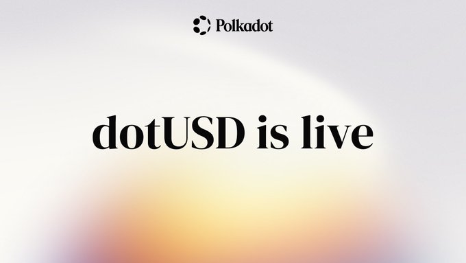 Promotional image with a soft gradient background displaying the Polkadot logo and the text 'dotUSD is live'.