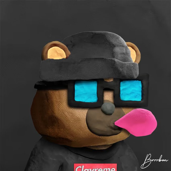 A 3D render of a brown bear character wearing a black beanie, pixelated blue sunglasses, a black Supreme hoodie, and a large pink bubblegum bubble, signed 'Brrrbon'.